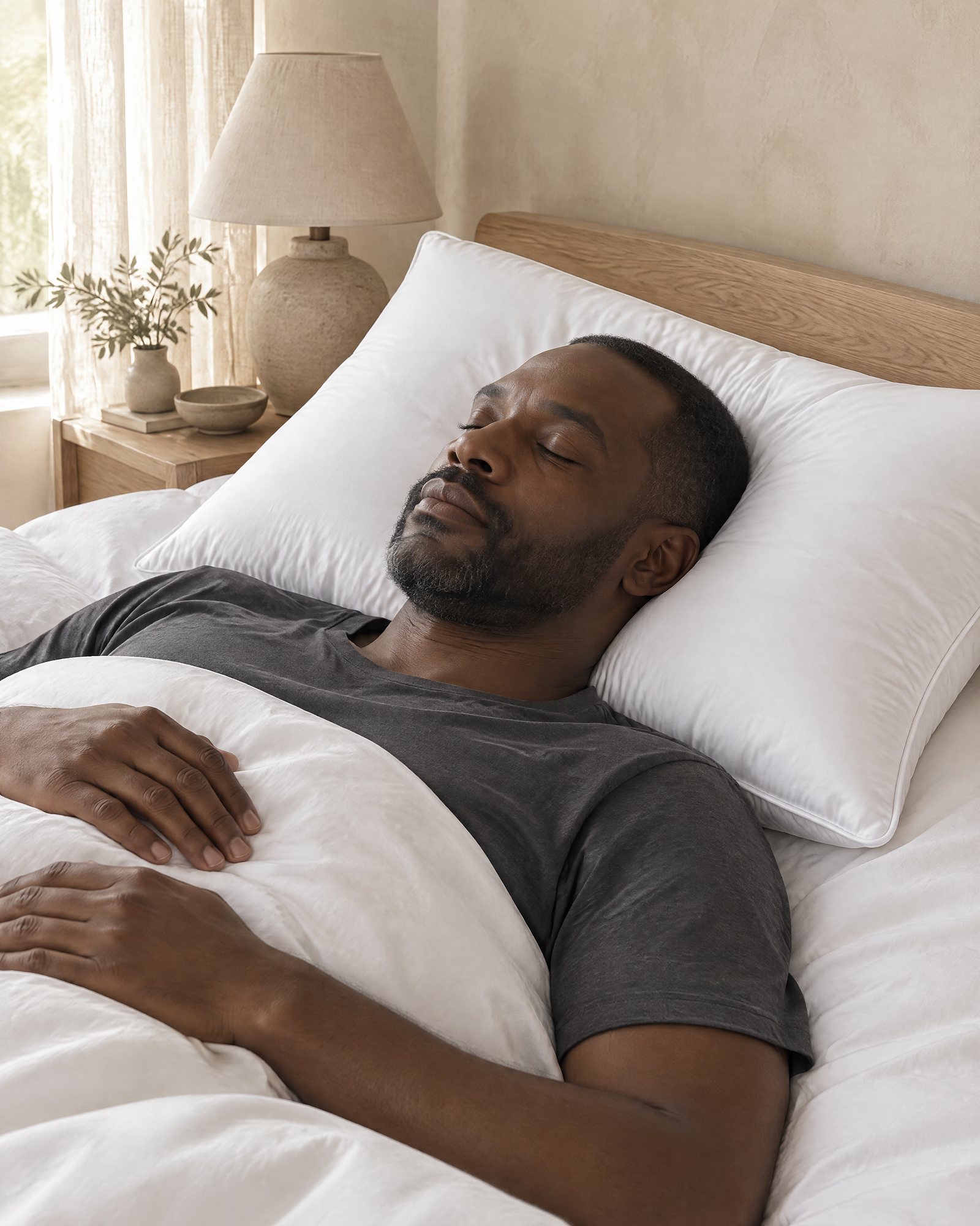 An adult asleep on their back on the Hotel Pillow, morning light