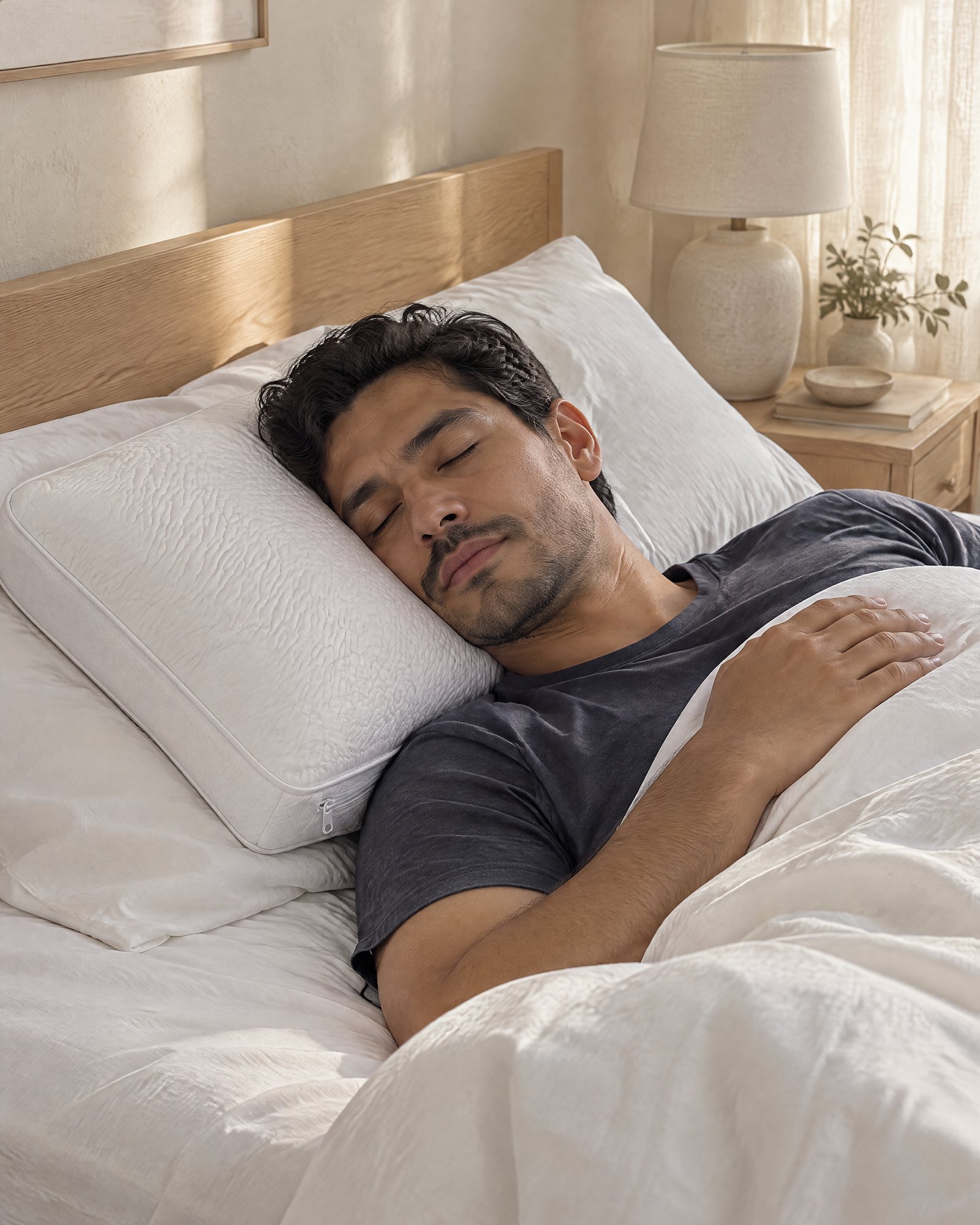 An adult asleep half turned on the Flex Pillow
