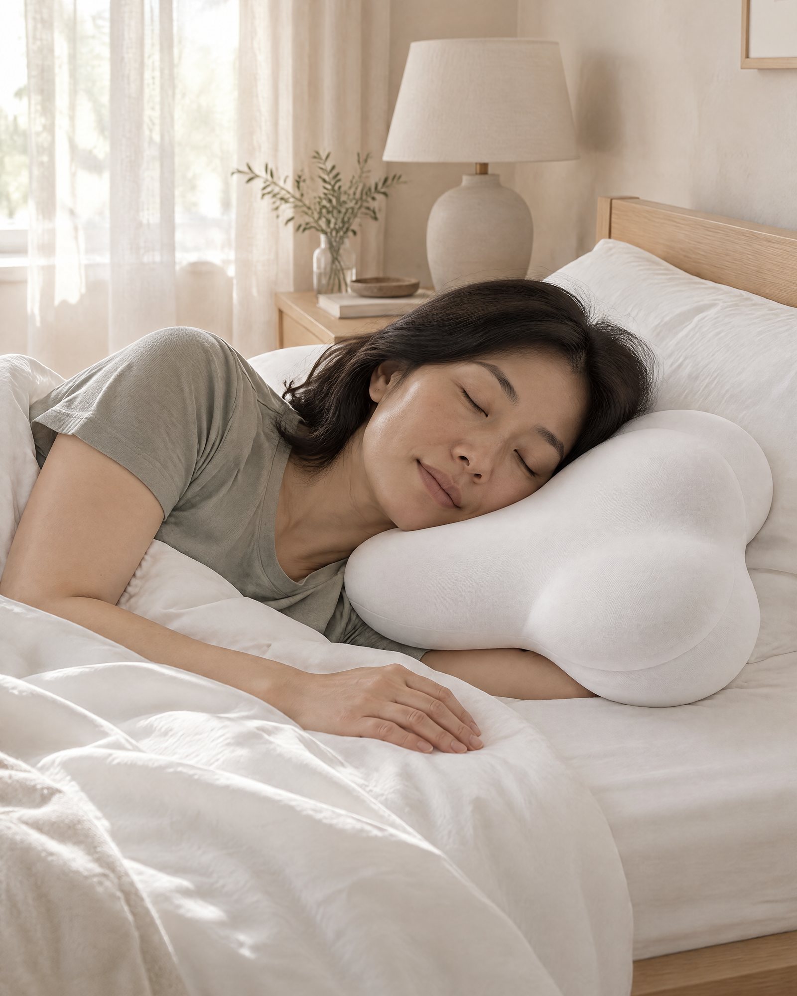 An adult asleep on their side on the Contour Pillow, morning light