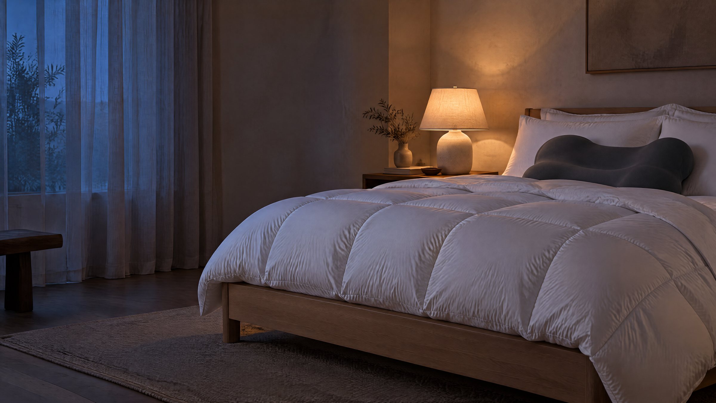 A calm bedroom at blue hour: a low oak bed made with a white comforter and white pillows, the Contour Pillow in its charcoal case, a warm bedside lamp and moonlight through linen curtains