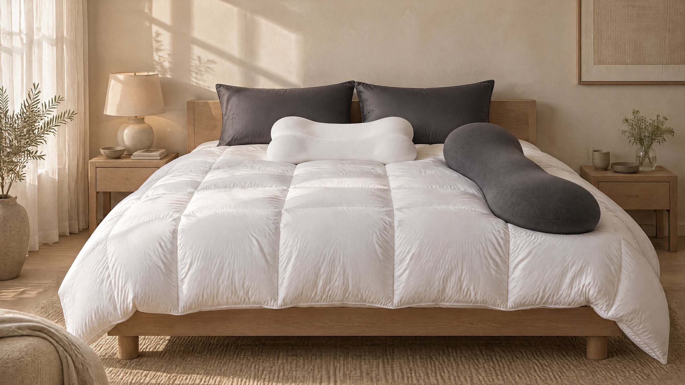 A made bed in soft morning light seen from the foot: the white Contour Pillow in front of two pillows in charcoal cases, the Cloud Comforter and the Body Pillow lying on one side