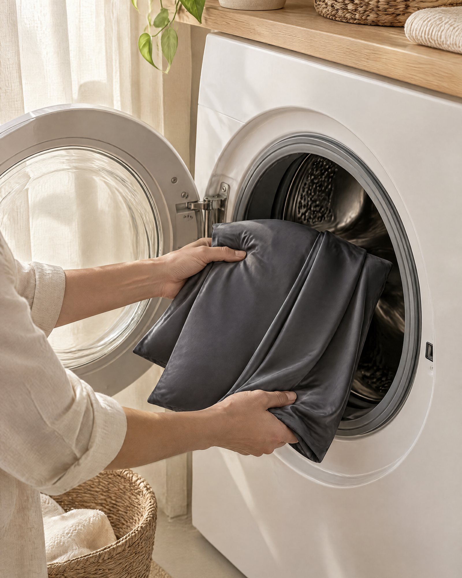 A charcoal pillowcase going into a front-loading washing machine