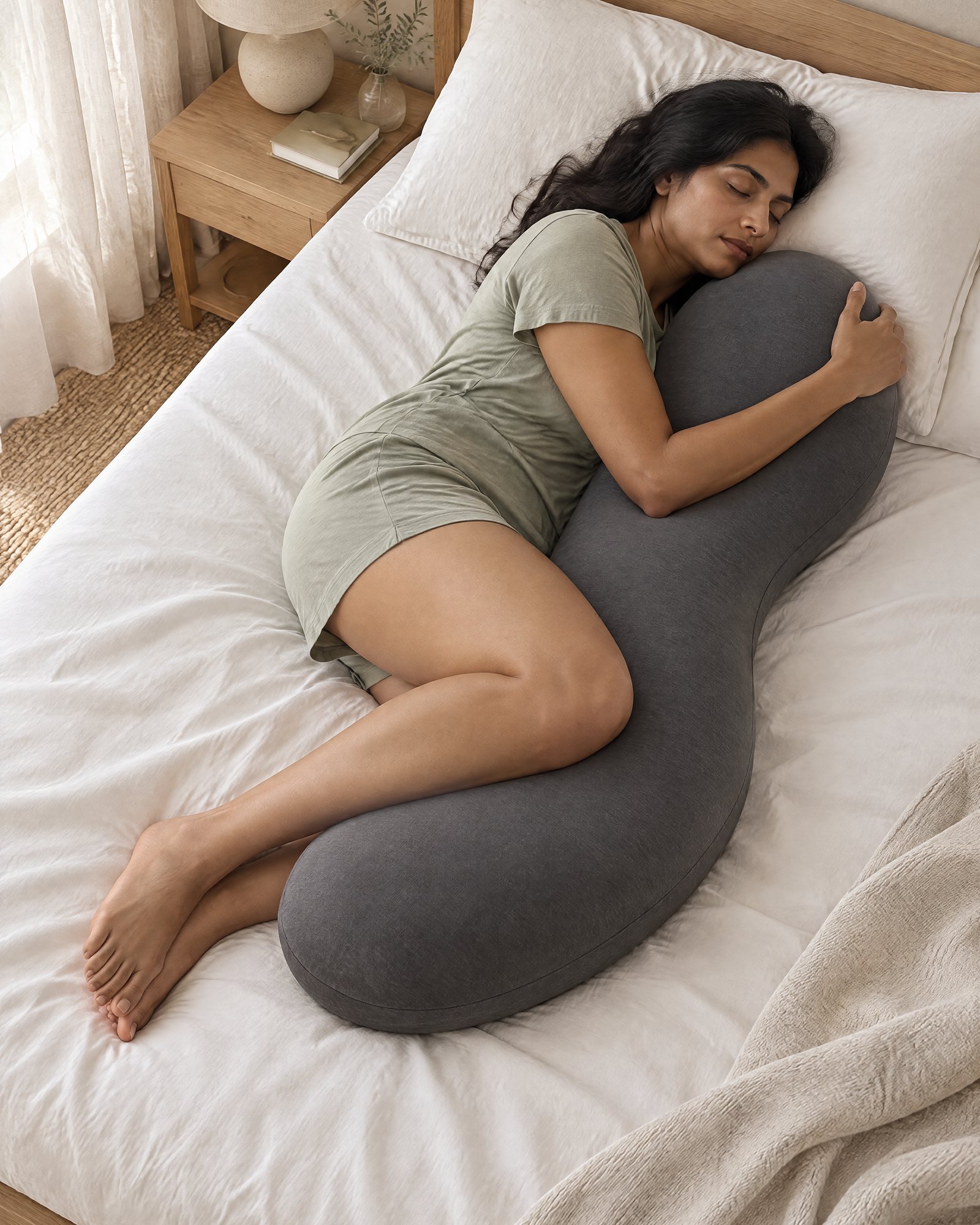 An adult asleep on their side hugging the Body Pillow, knees on its lower curve