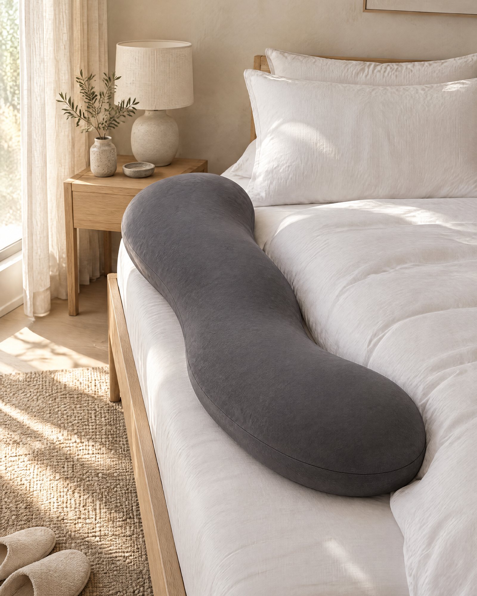 The Body Pillow along the side of a made bed, daytime