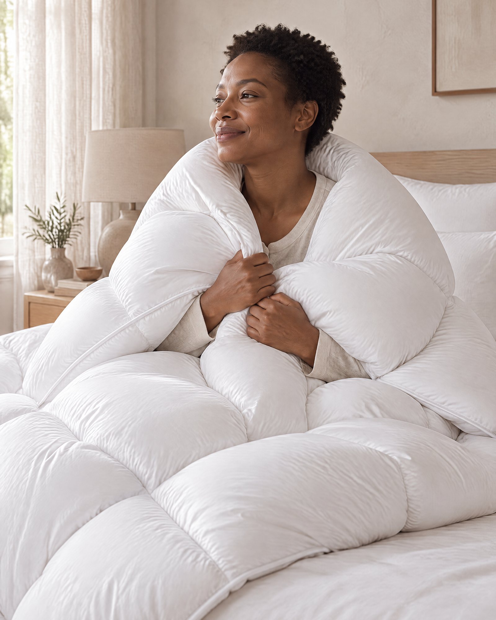 An adult sitting up in bed wrapped in the white Cloud Comforter, morning