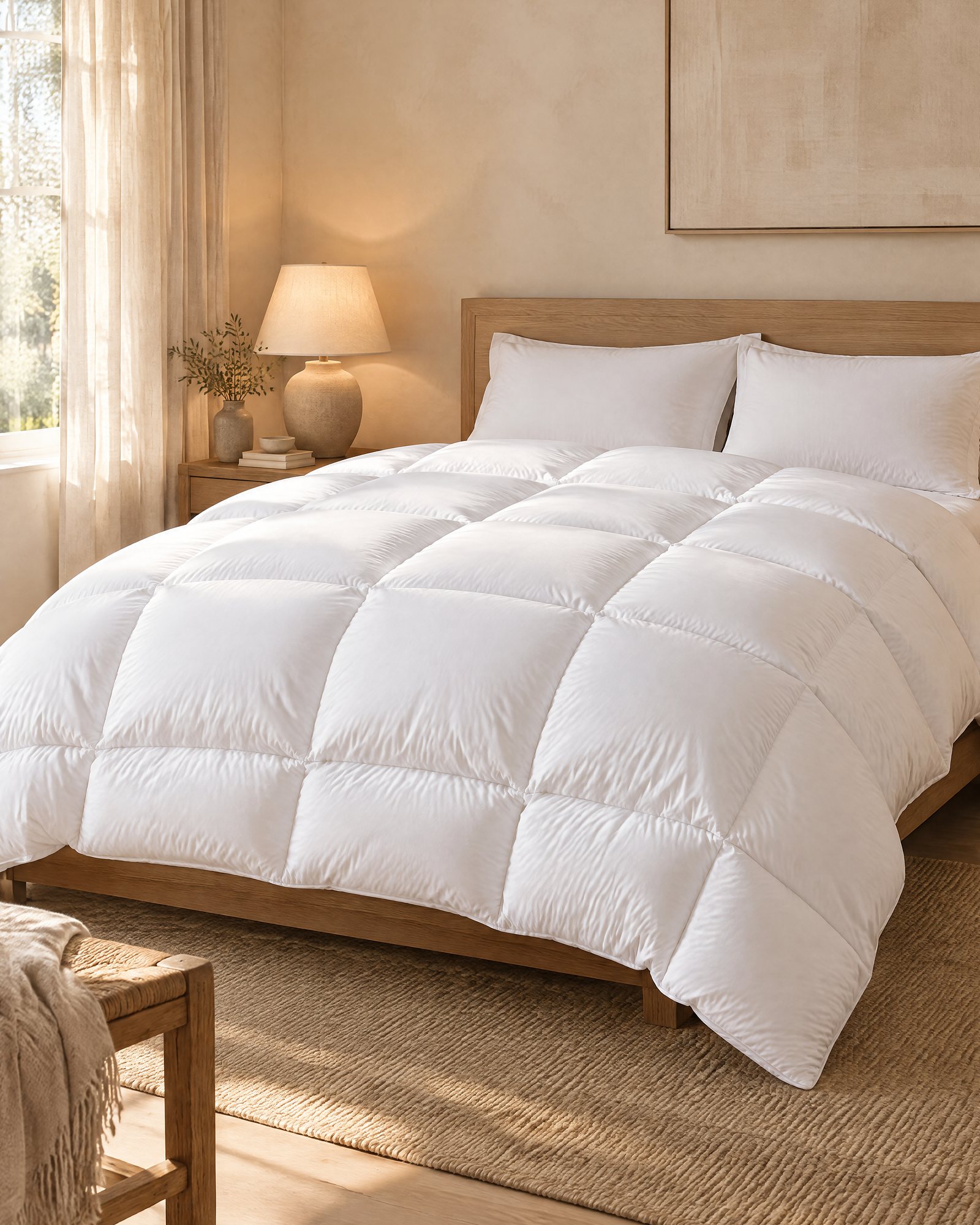 The Cloud Comforter on a made oak bed in a warm room