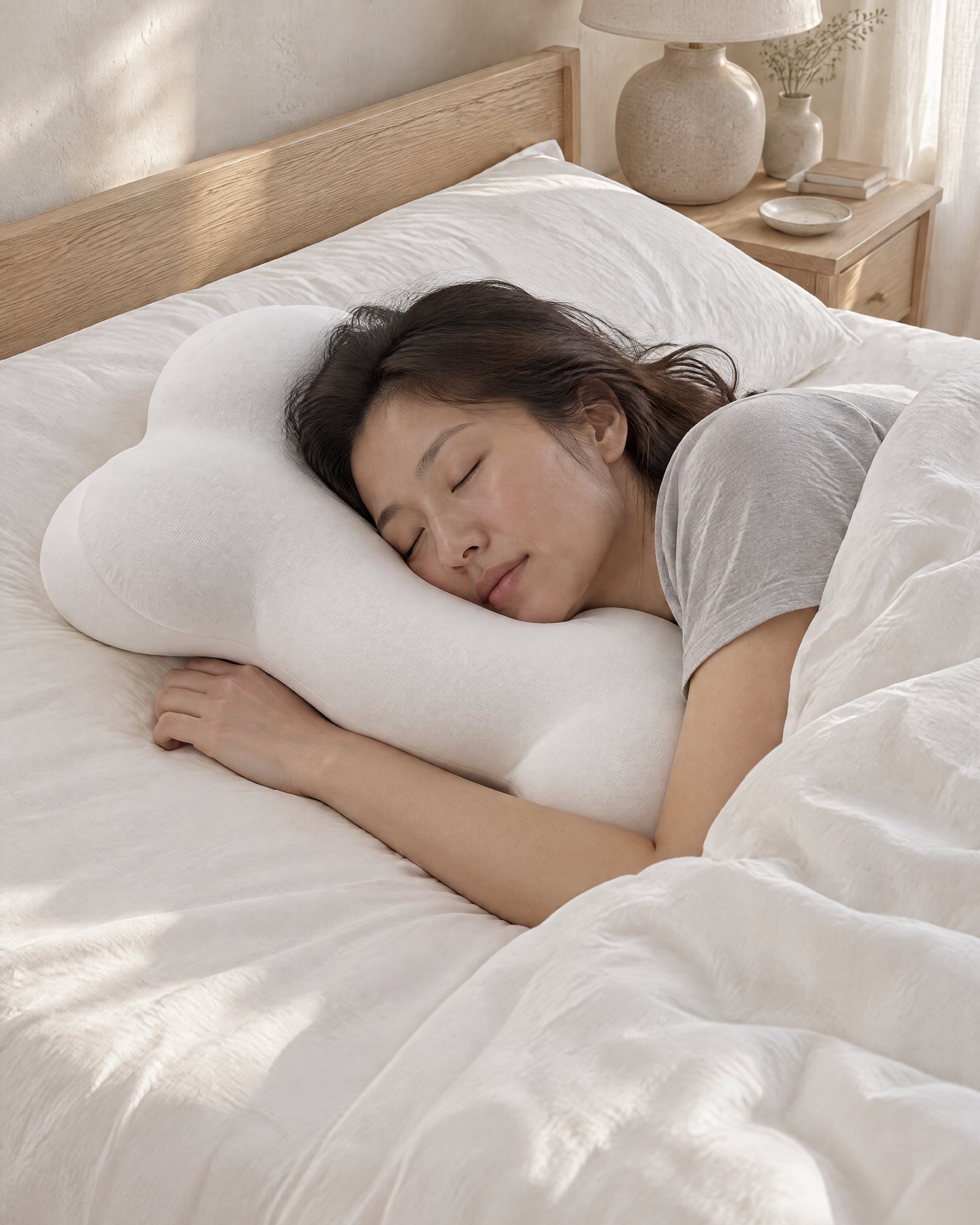 An adult asleep on their side on the Contour Pillow, one arm resting along its front edge