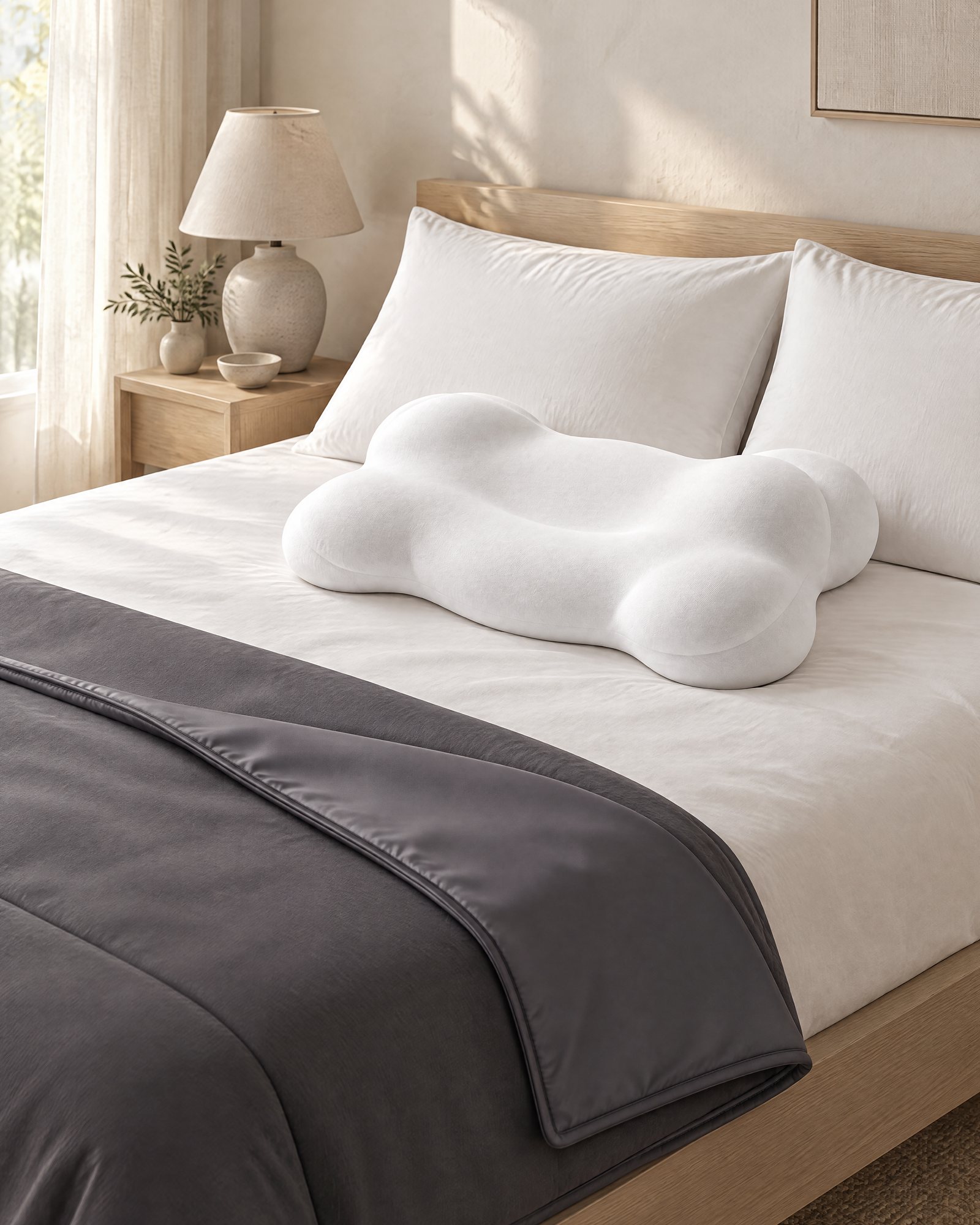 The Contour Pillow on a made bed in morning light, a charcoal comforter folded at the foot