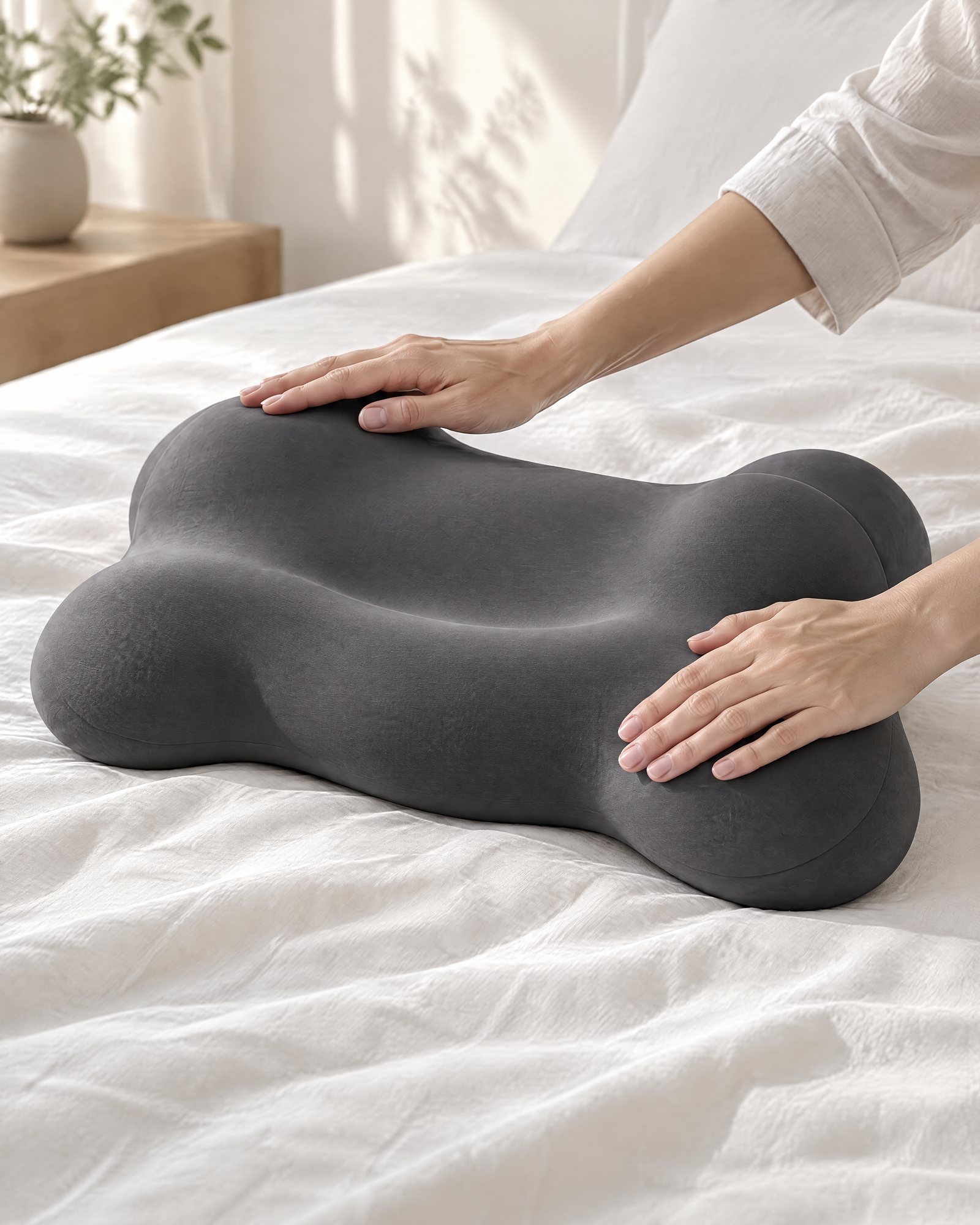 Hands smoothing the charcoal case over a wing of the Contour Pillow