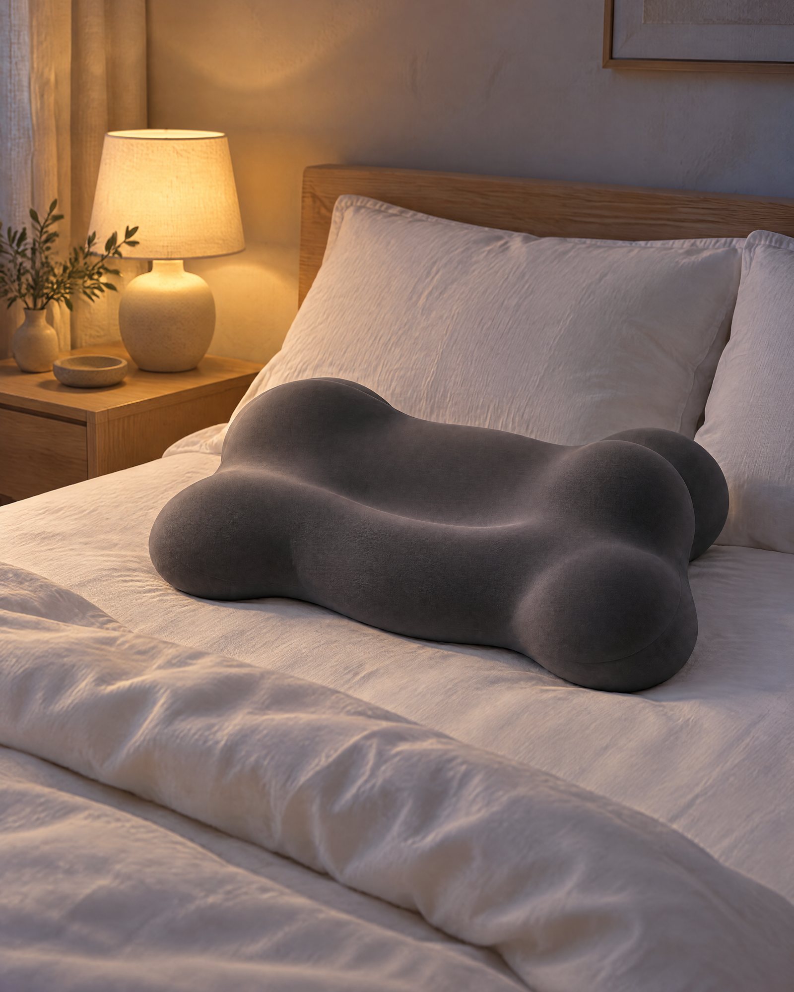 The Contour Pillow in its charcoal case on a white bed in early evening lamplight