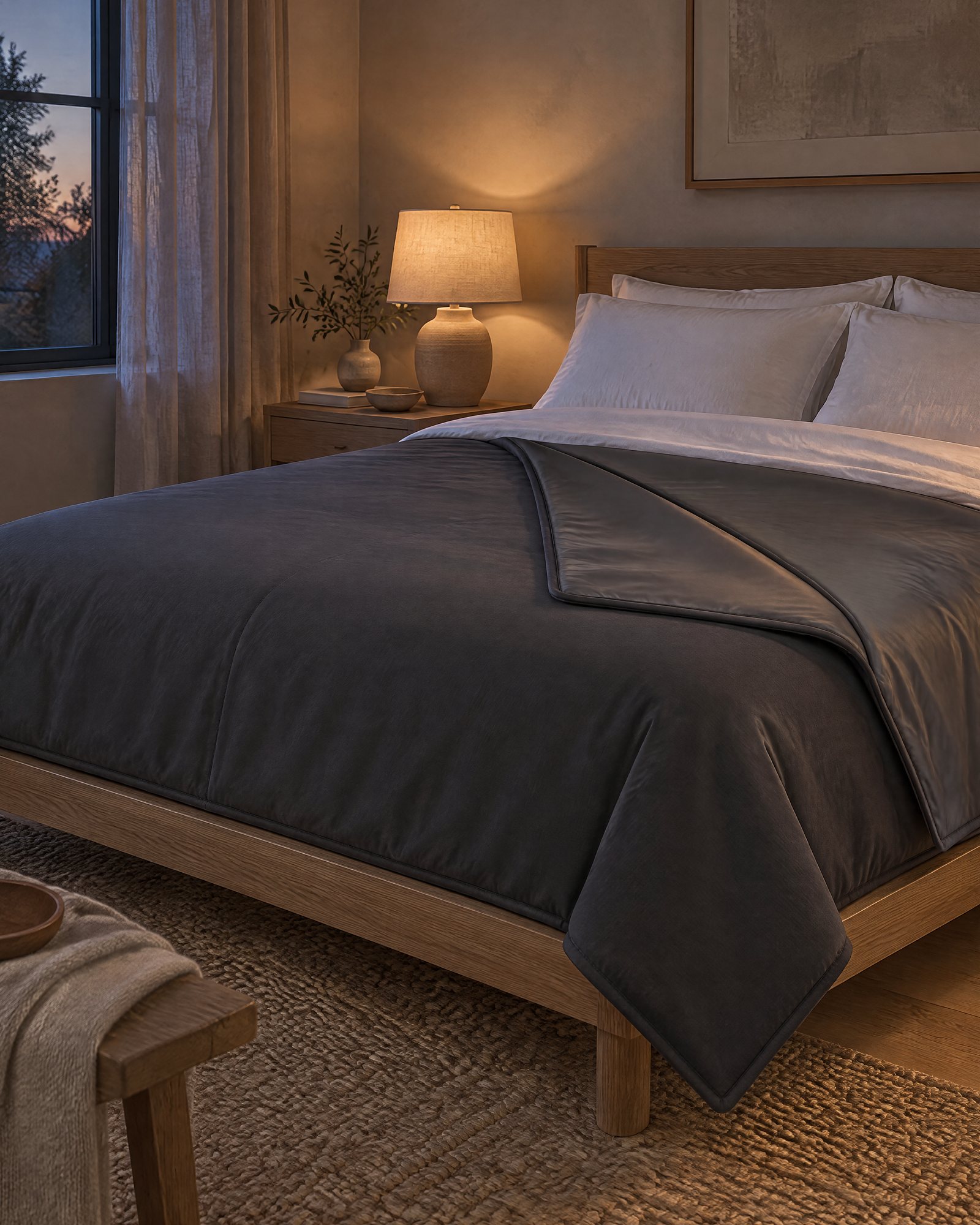 The charcoal Cool Comforter on a made bed at dusk, against white pillows
