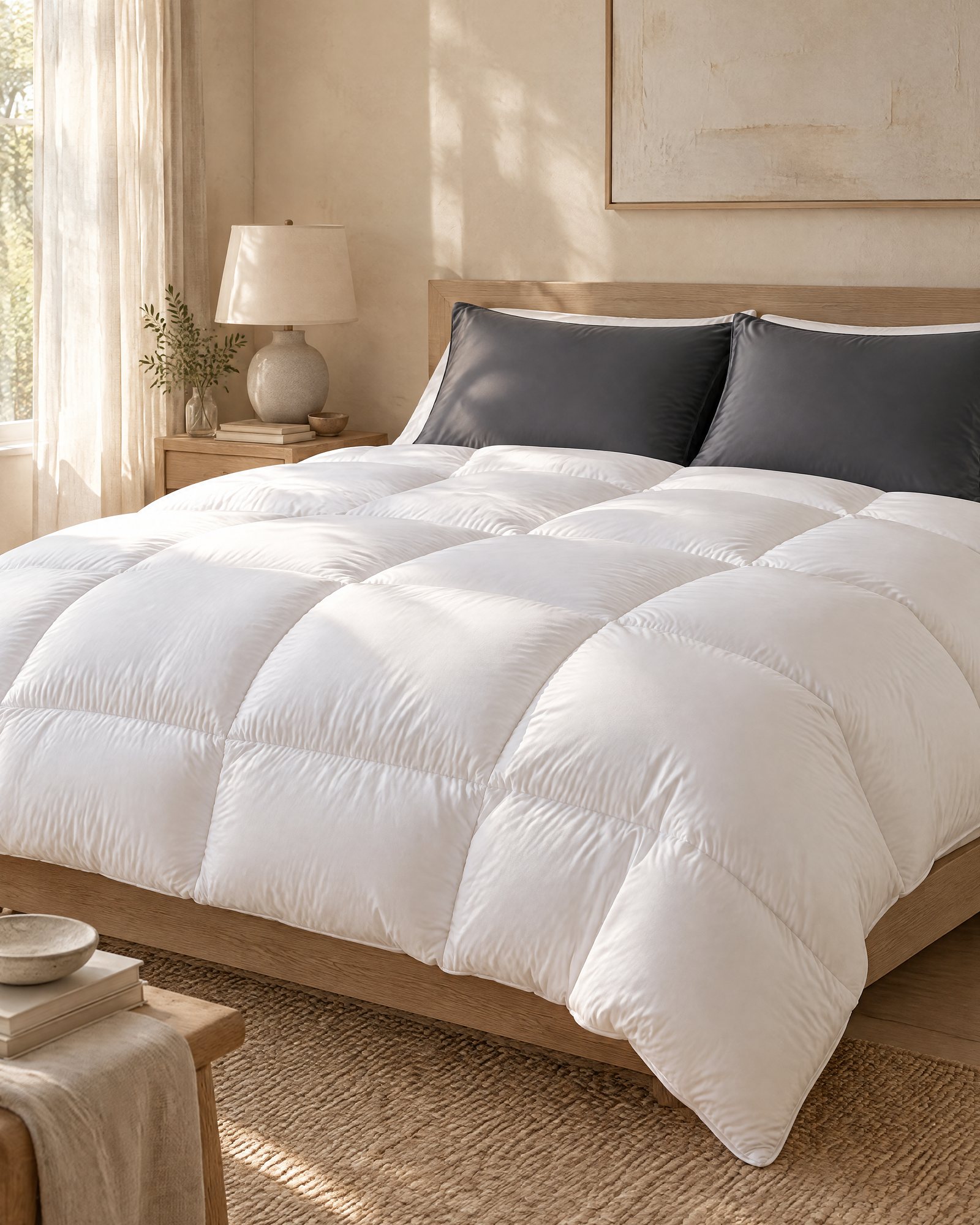 A bed with charcoal Cool-Touch Pillowcases and the white Cloud Comforter