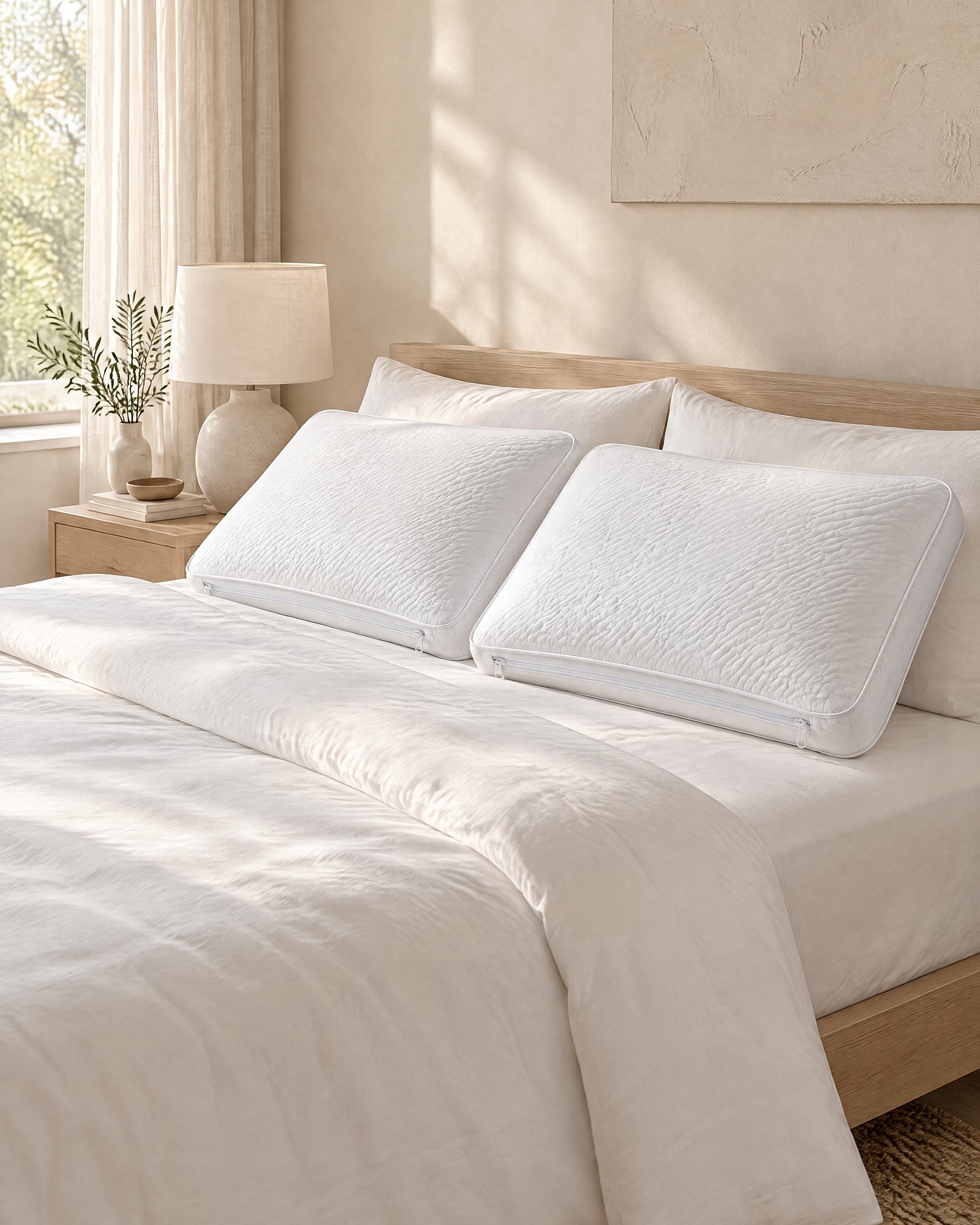 The Flex Pillow on a made bed in soft daylight