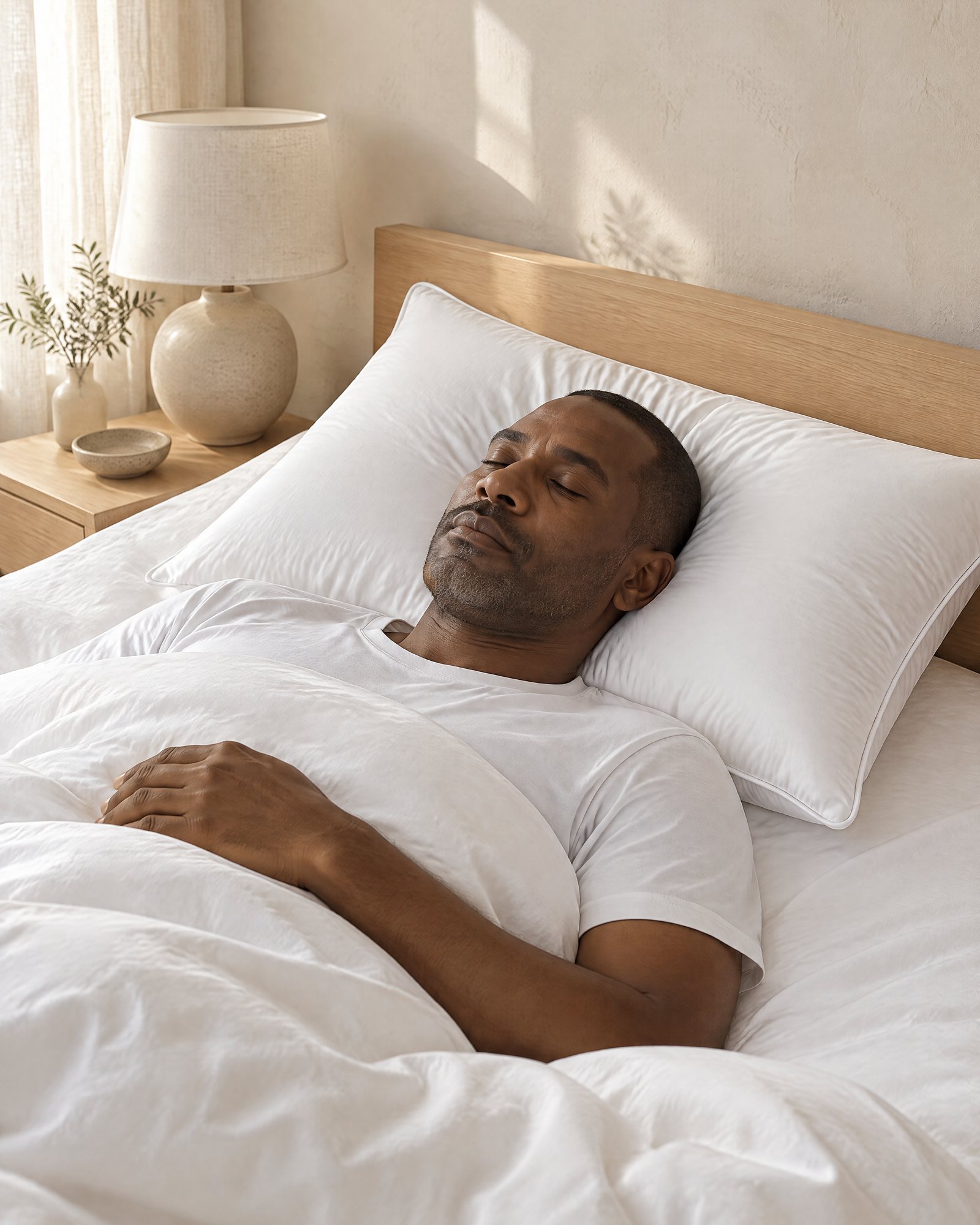 An adult asleep on their back on the Hotel Pillow, crisp white bedding, morning