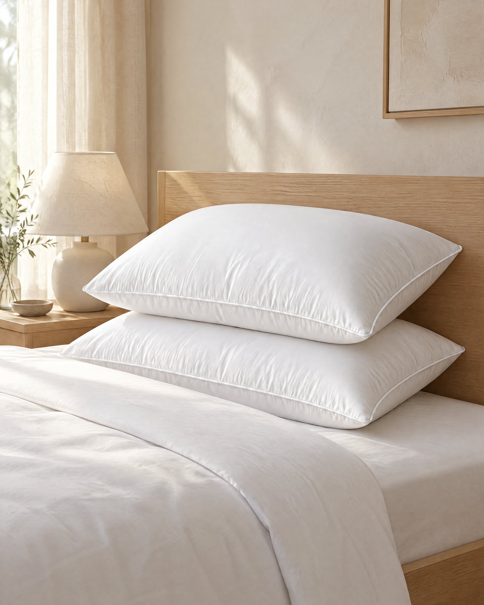 Two Hotel Pillows stacked at the head of a neatly made bed