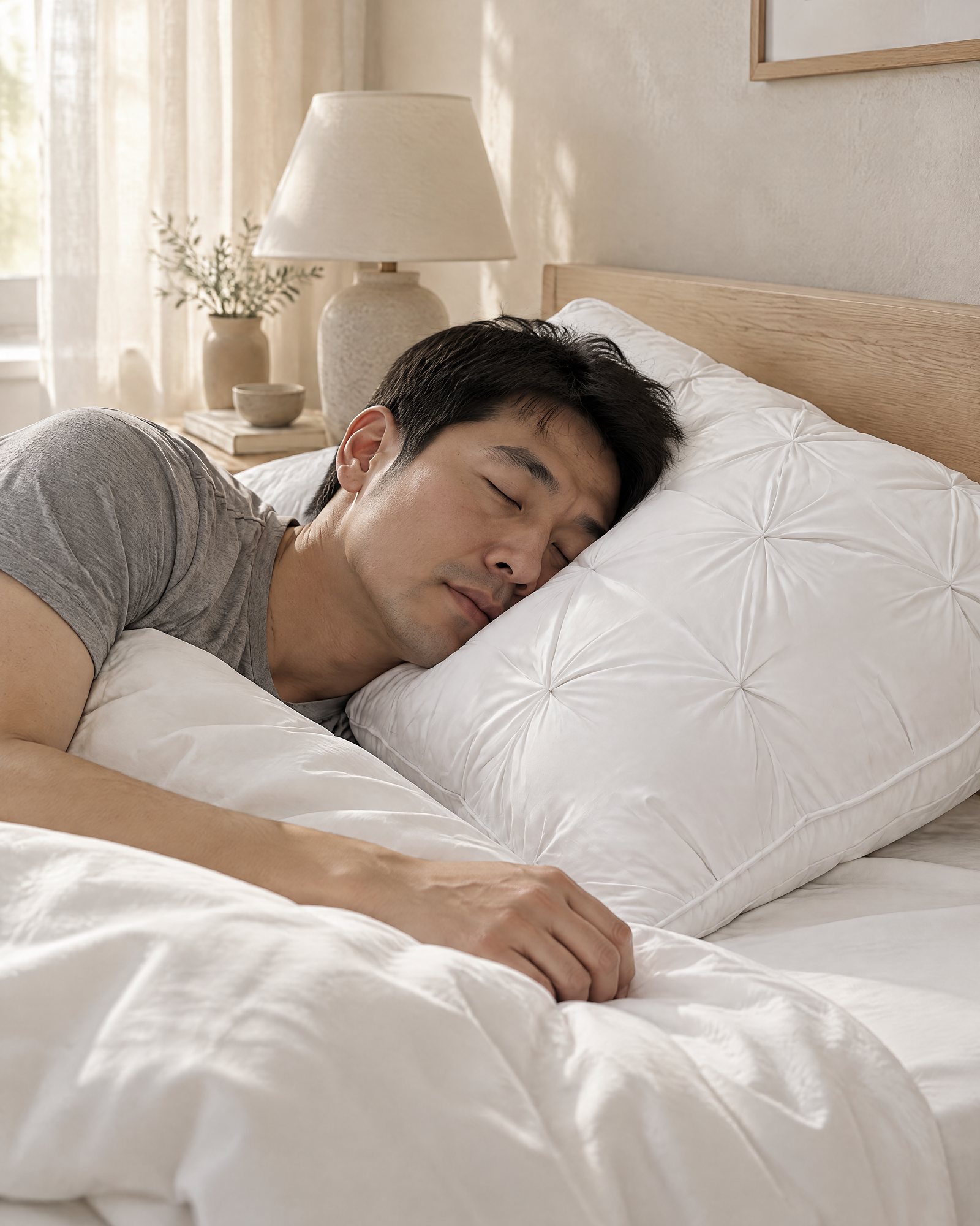 An adult asleep on their side on the Pleat Pillow