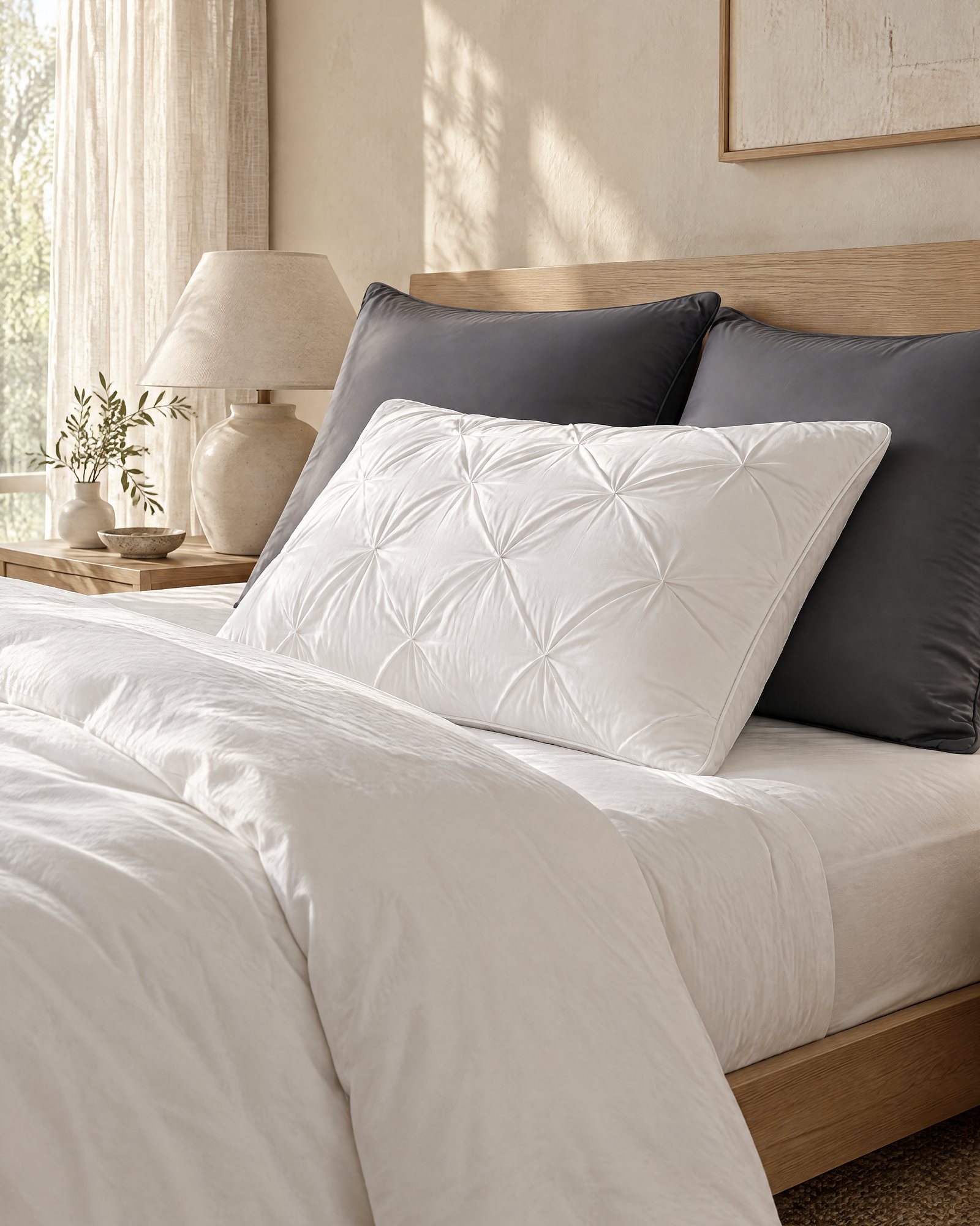 The Pleat Pillow on a made bed in the morning, charcoal pillowcases on the pillows behind