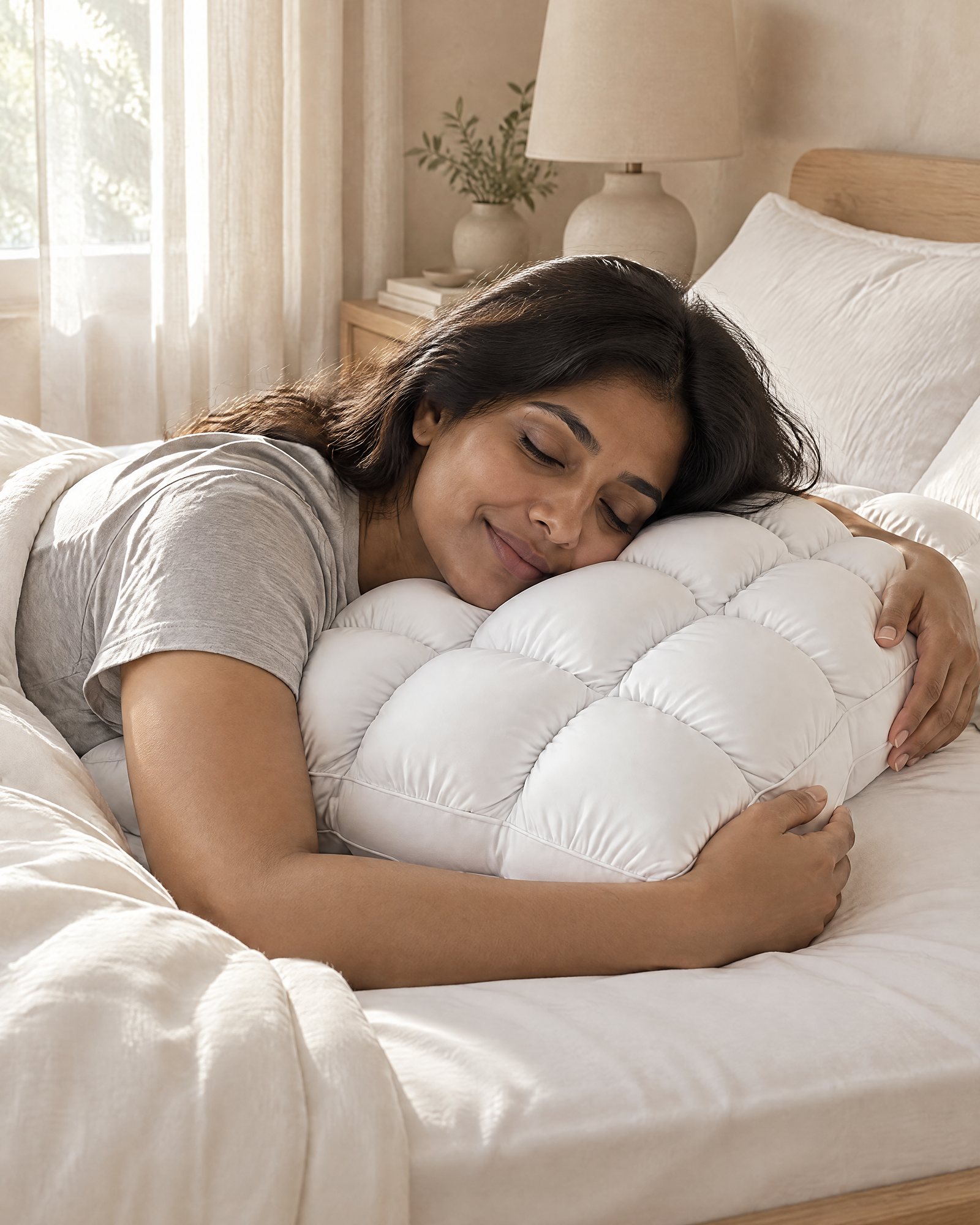An adult in bed with a cheek on the Puff Pillow