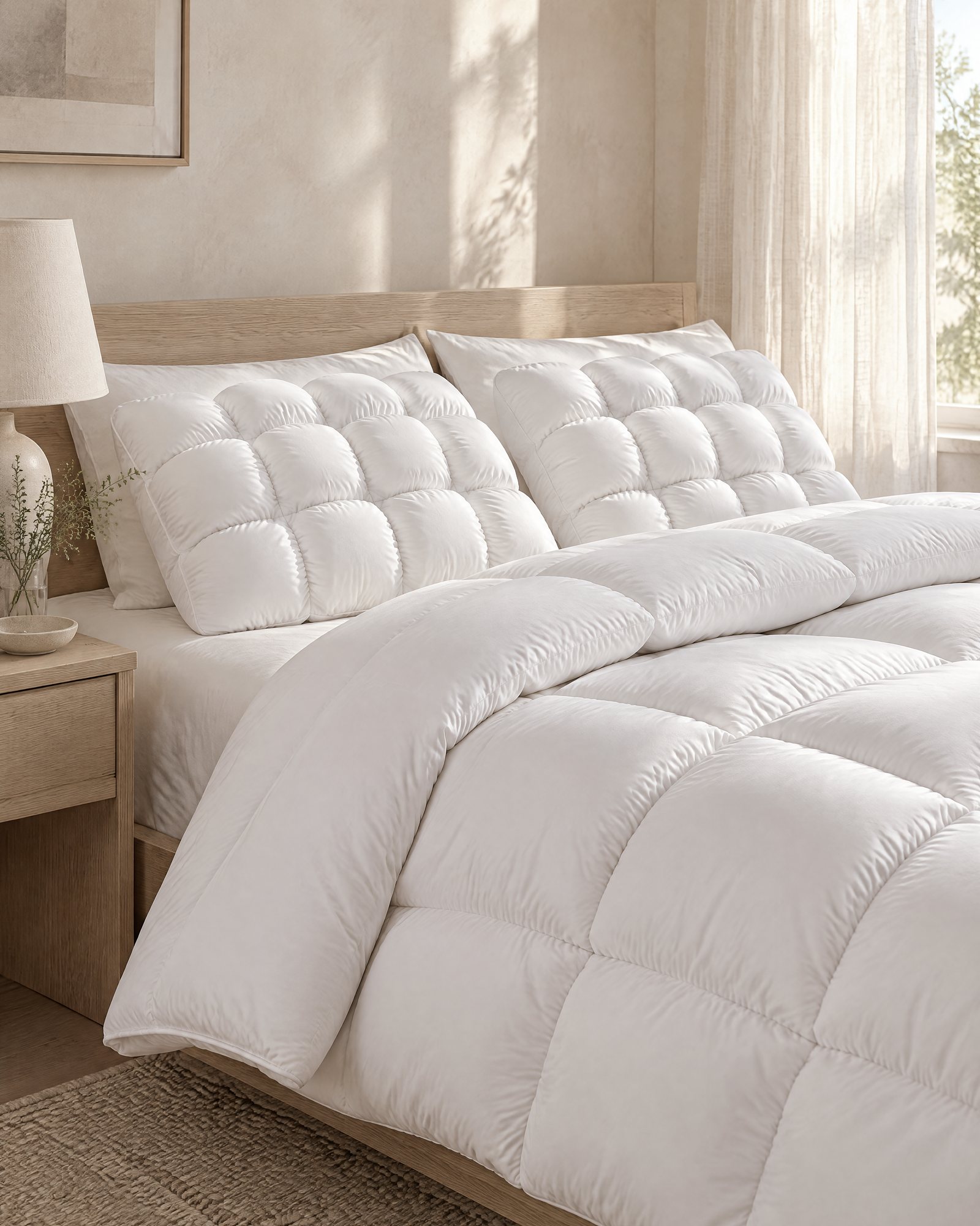 Two Puff Pillows on a white bed with the Cloud Comforter